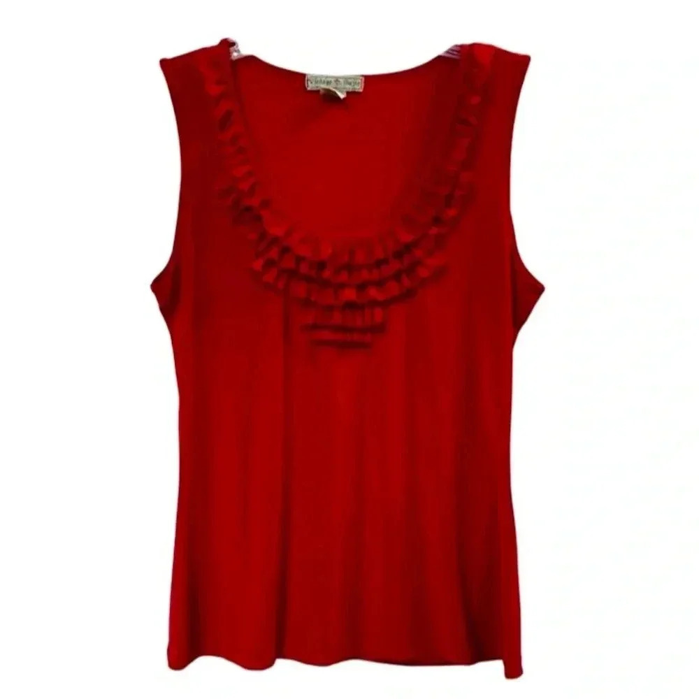 Vintage Suzie Red Asymmetrical Ruffle V-Neck Blouse Women's Large